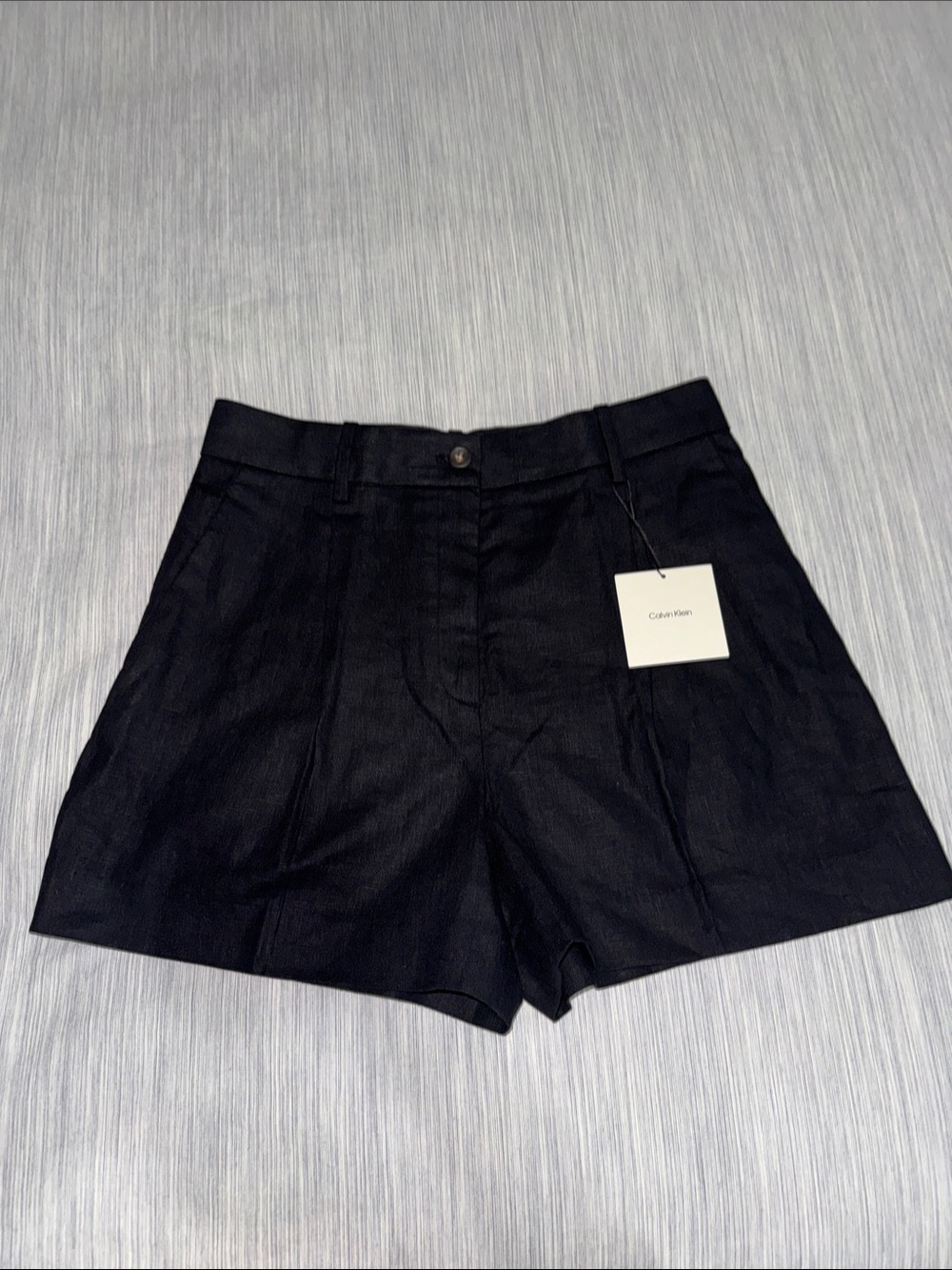 Calvin Klein Linen Cotton Blend Tailored Black High-Rise Pleated Shorts
